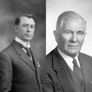 A pair of black and white photographs of Key Pittman (left) and Absalom Willis Robertson (right).